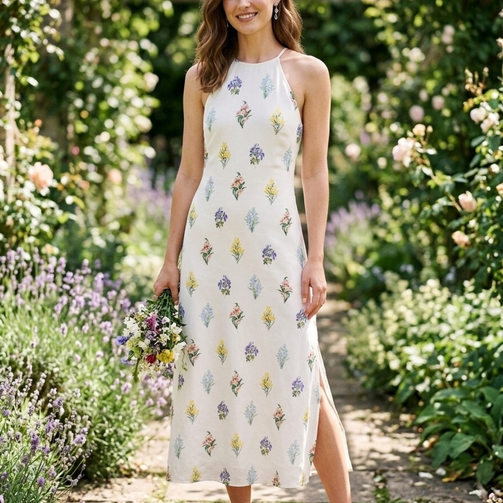 MOTF Cream Halter Midi Dress with Pastel Floral Motifs